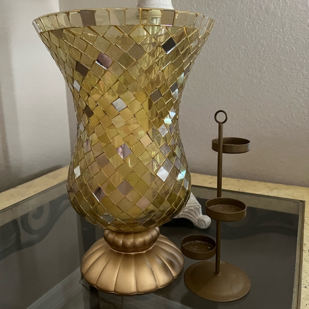 Partylite 12”Gold Mosaic Stain Glass Tile Candle vase&Tea Light Candle HolderOBO